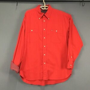 Tommy Hilfiger Shirt Mens Large Red Stretch Button Up Dual Pocket Flip Cuff